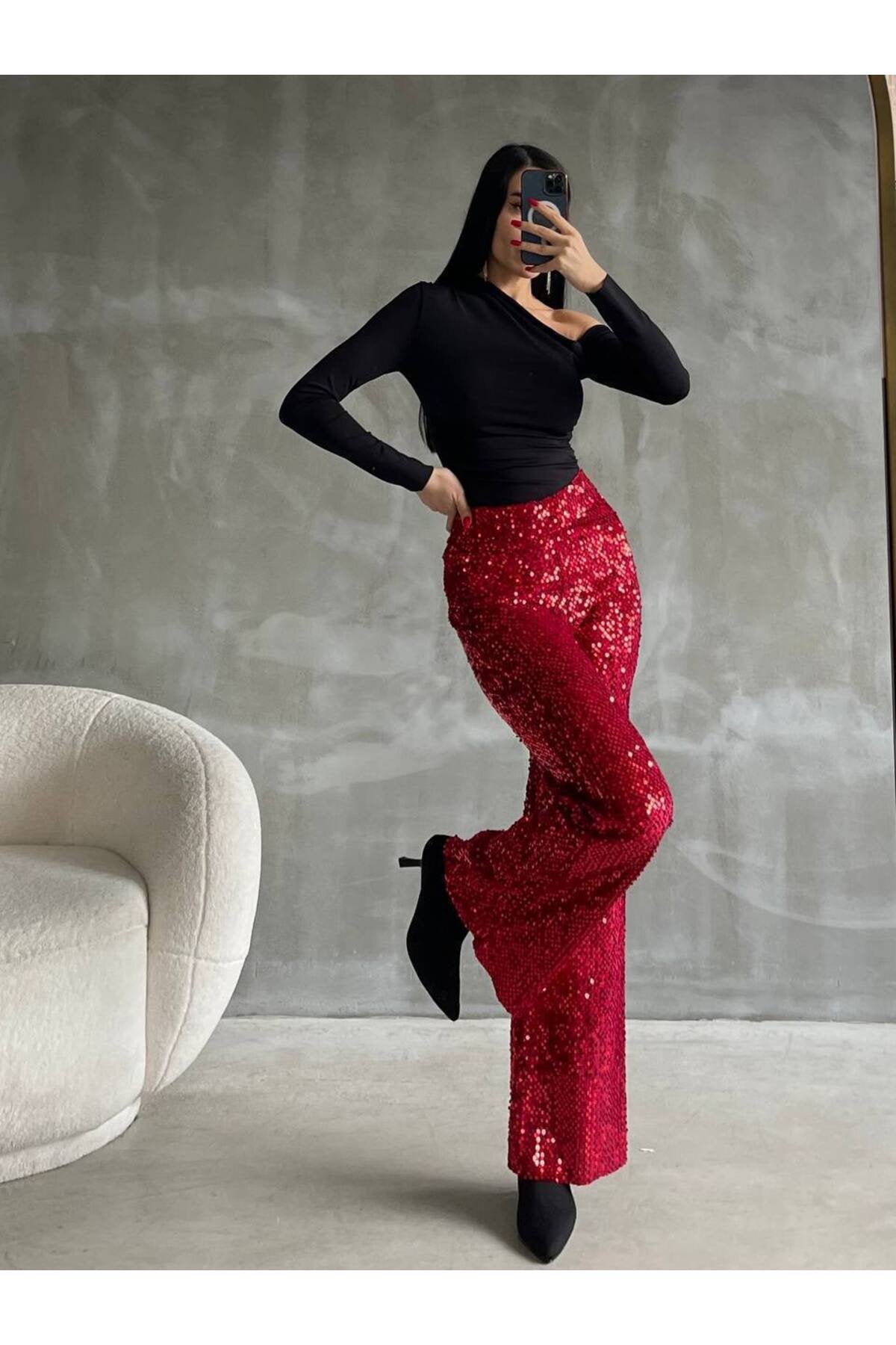 Kadın Pul Payet Yüksek Bel Pantolon