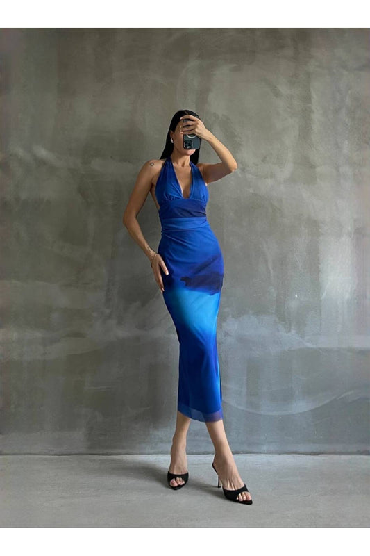 Kadın Boyundan Bağlamalı Sırtı Açık Tül Yazlık Gündüz / Gece Elbisesi