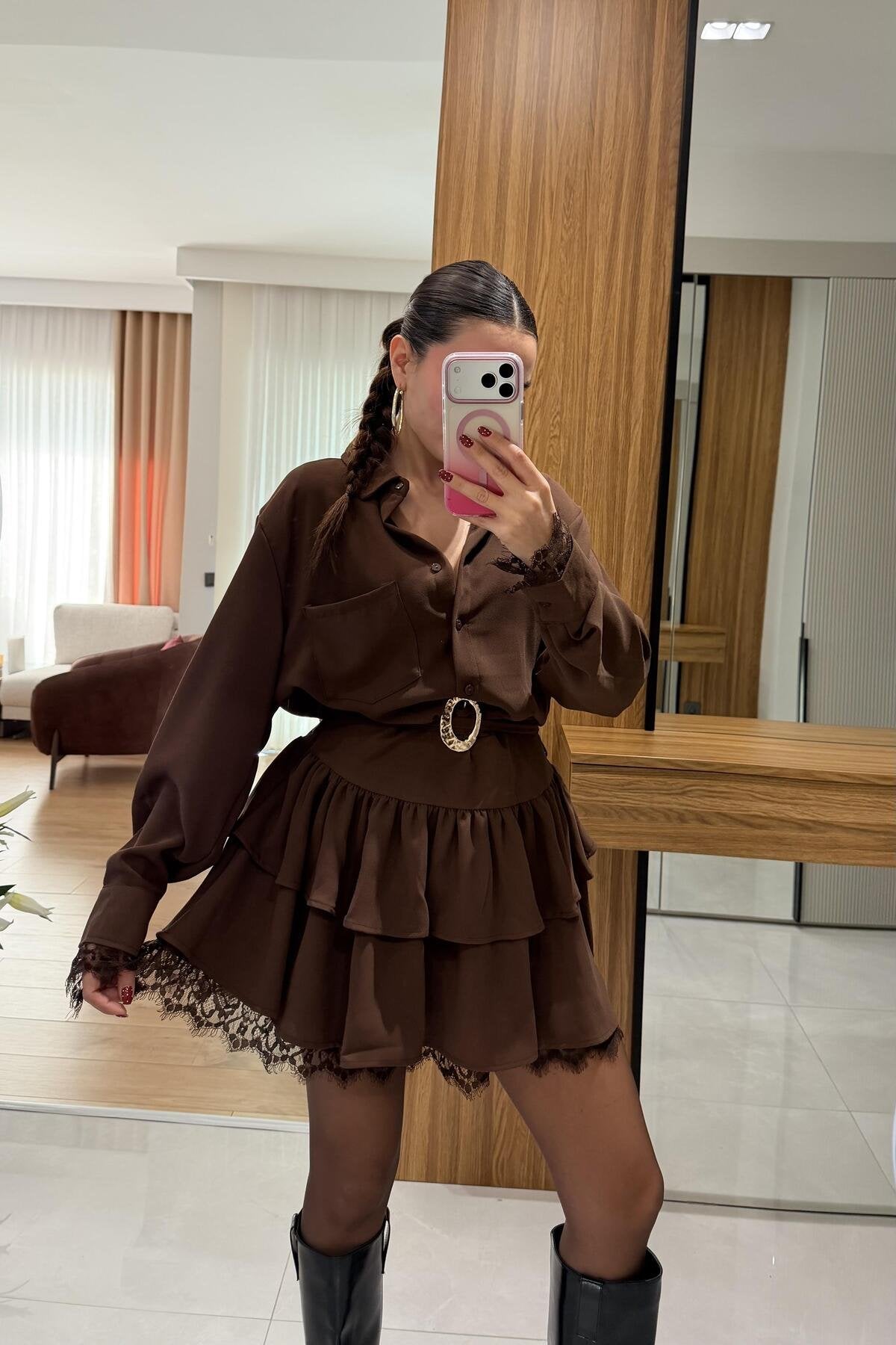 Marsha Kahve Dantel Detaylı Kemerli Elbise