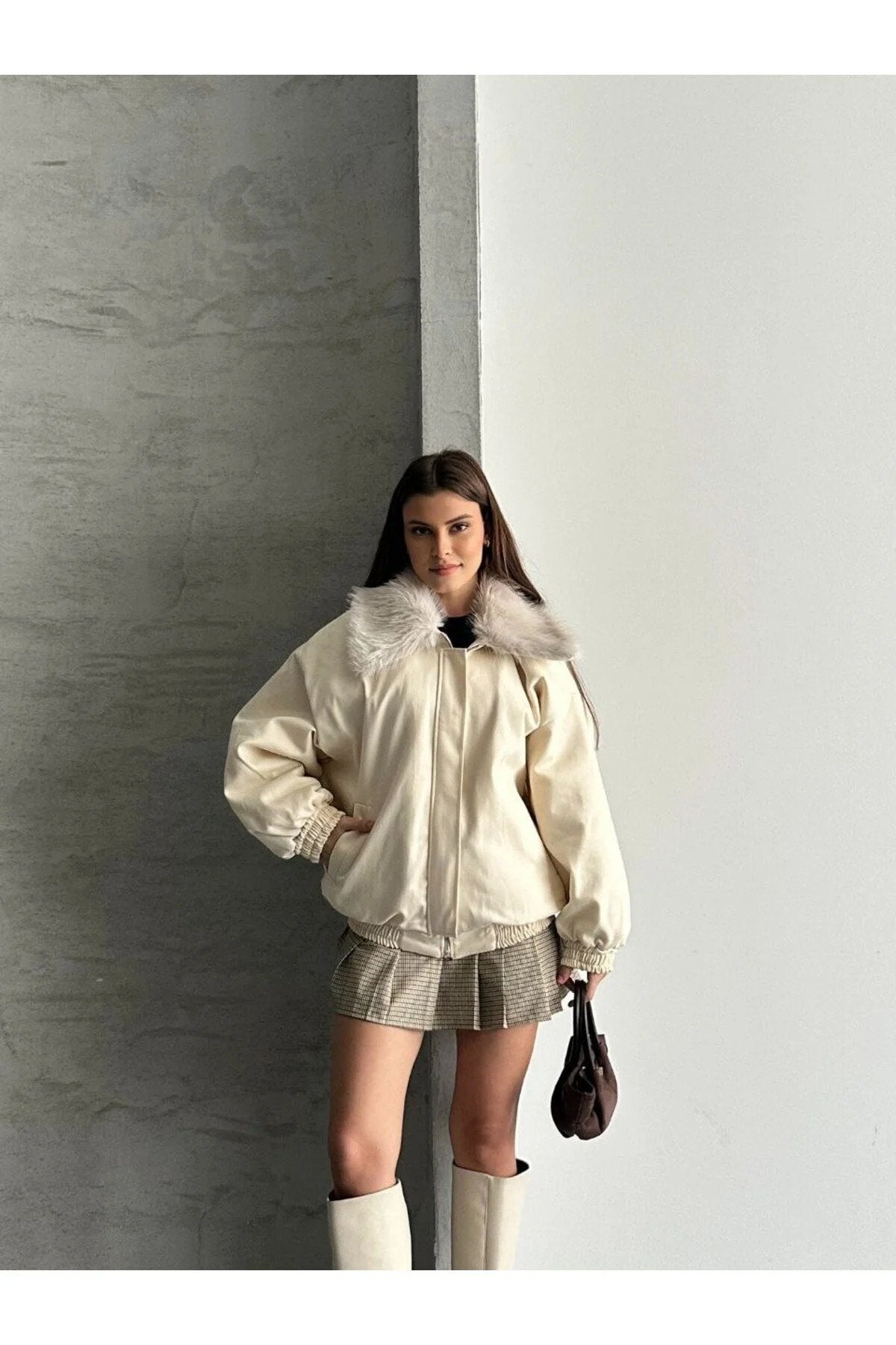 Kadın Premium Kalite Tasarım Kürk Yaka Gabardin Ceket