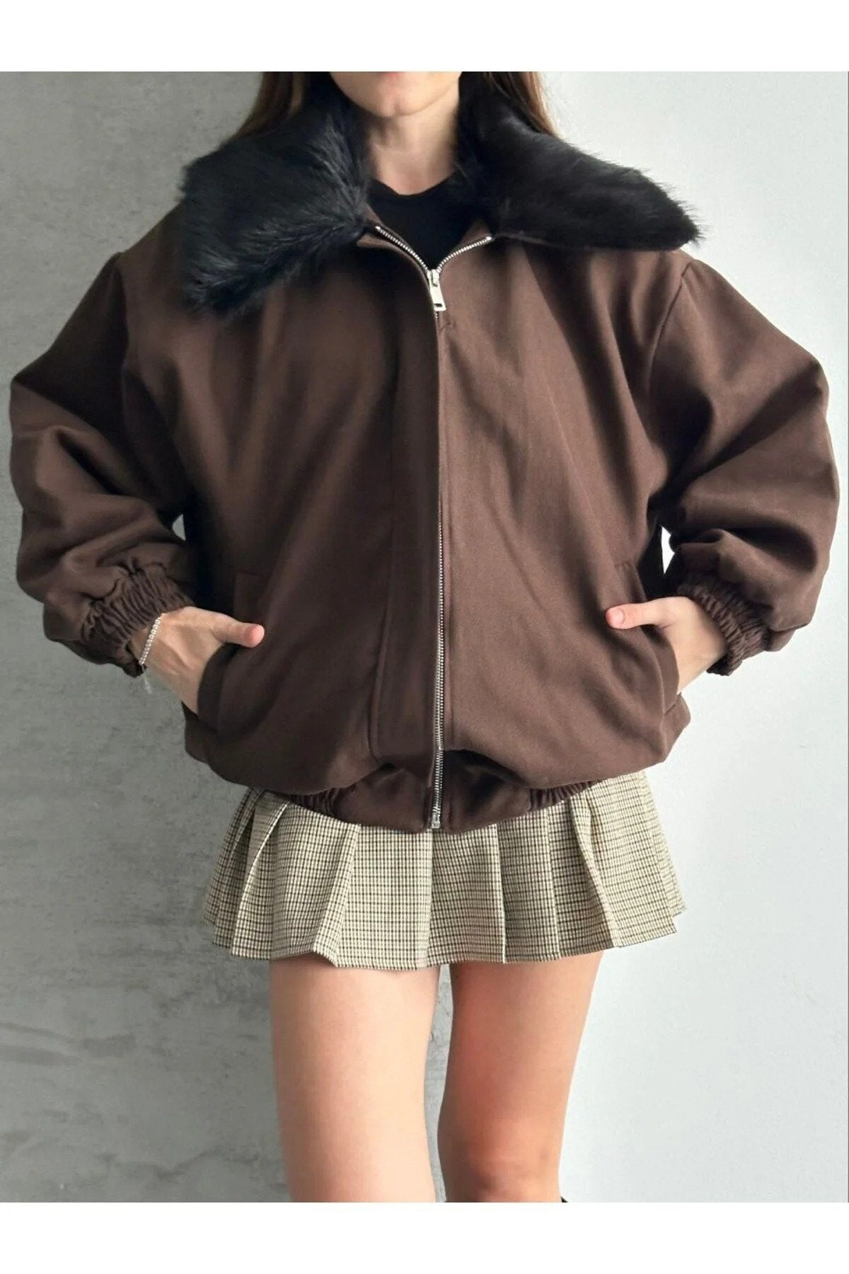 Kadın Premium Kalite Tasarım Kürk Yaka Gabardin Ceket