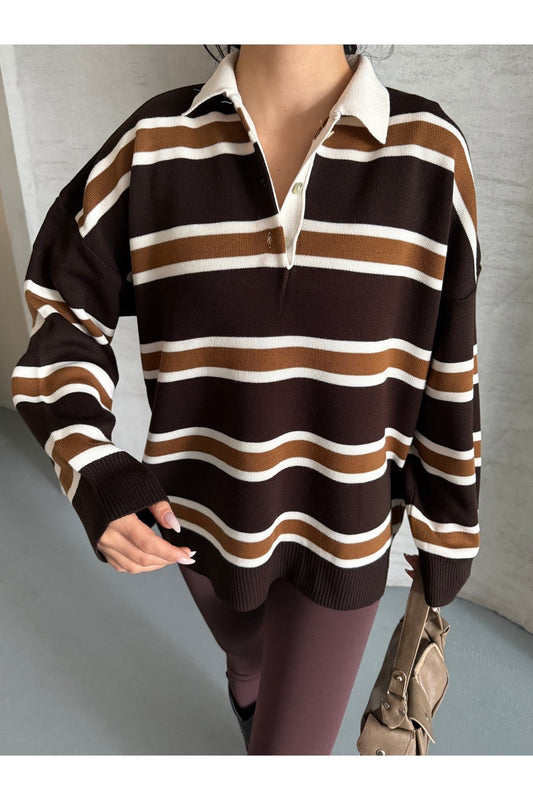 Kadın Trend Yeni Sezon Çizgili Polo Yaka Kazak