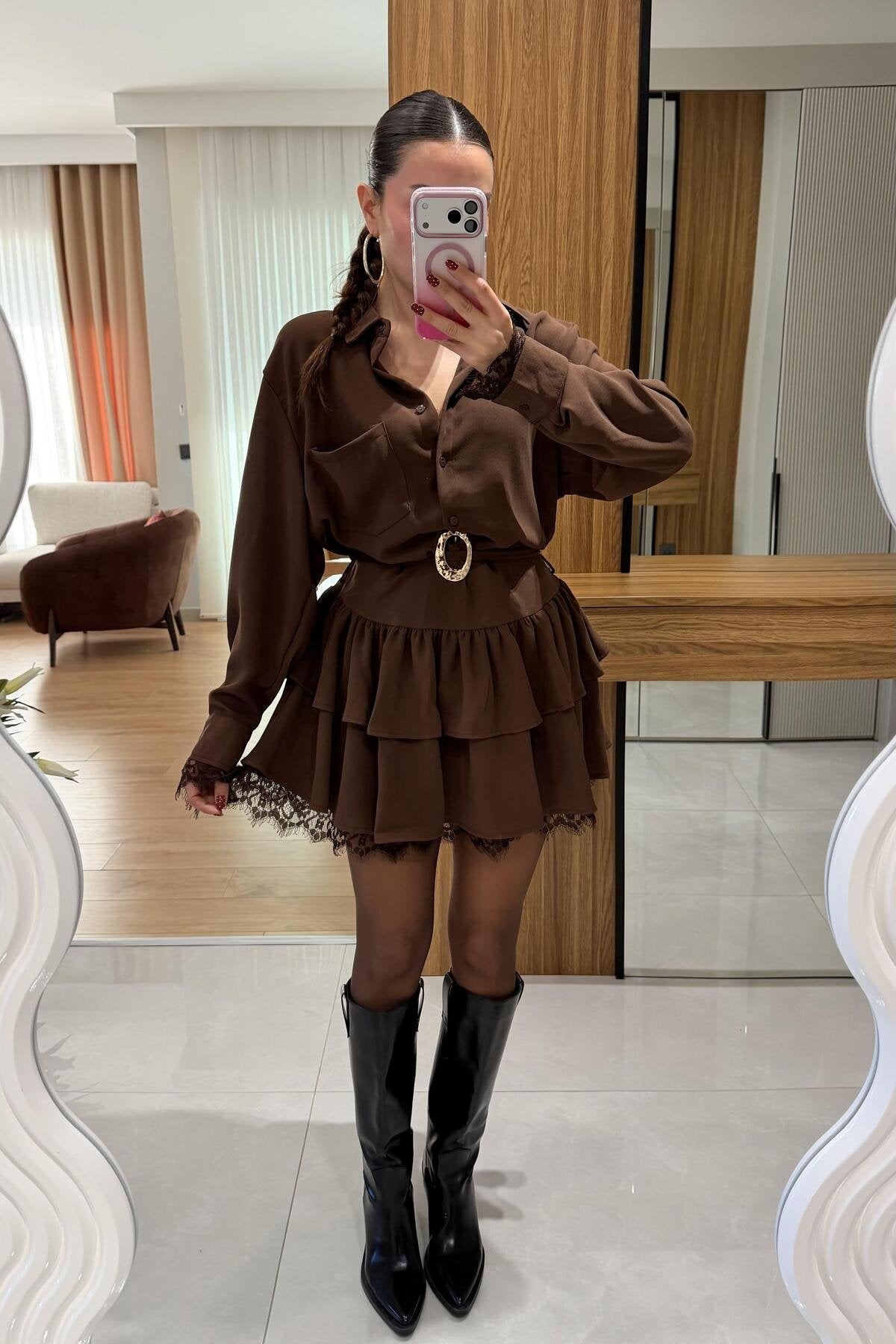 Marsha Kahve Dantel Detaylı Kemerli Elbise