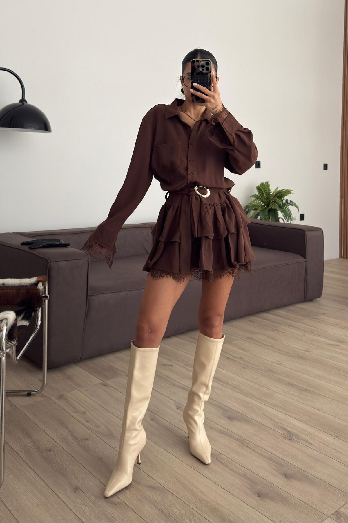 Kadın Güpür Detaylı Gold Tokalı Mini Elbise