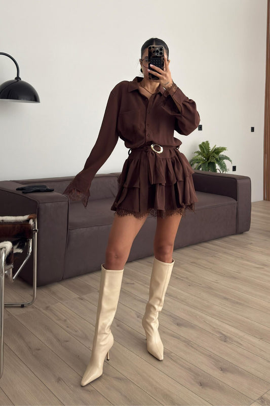 Kadın Güpür Detaylı Gold Tokalı Mini Elbise