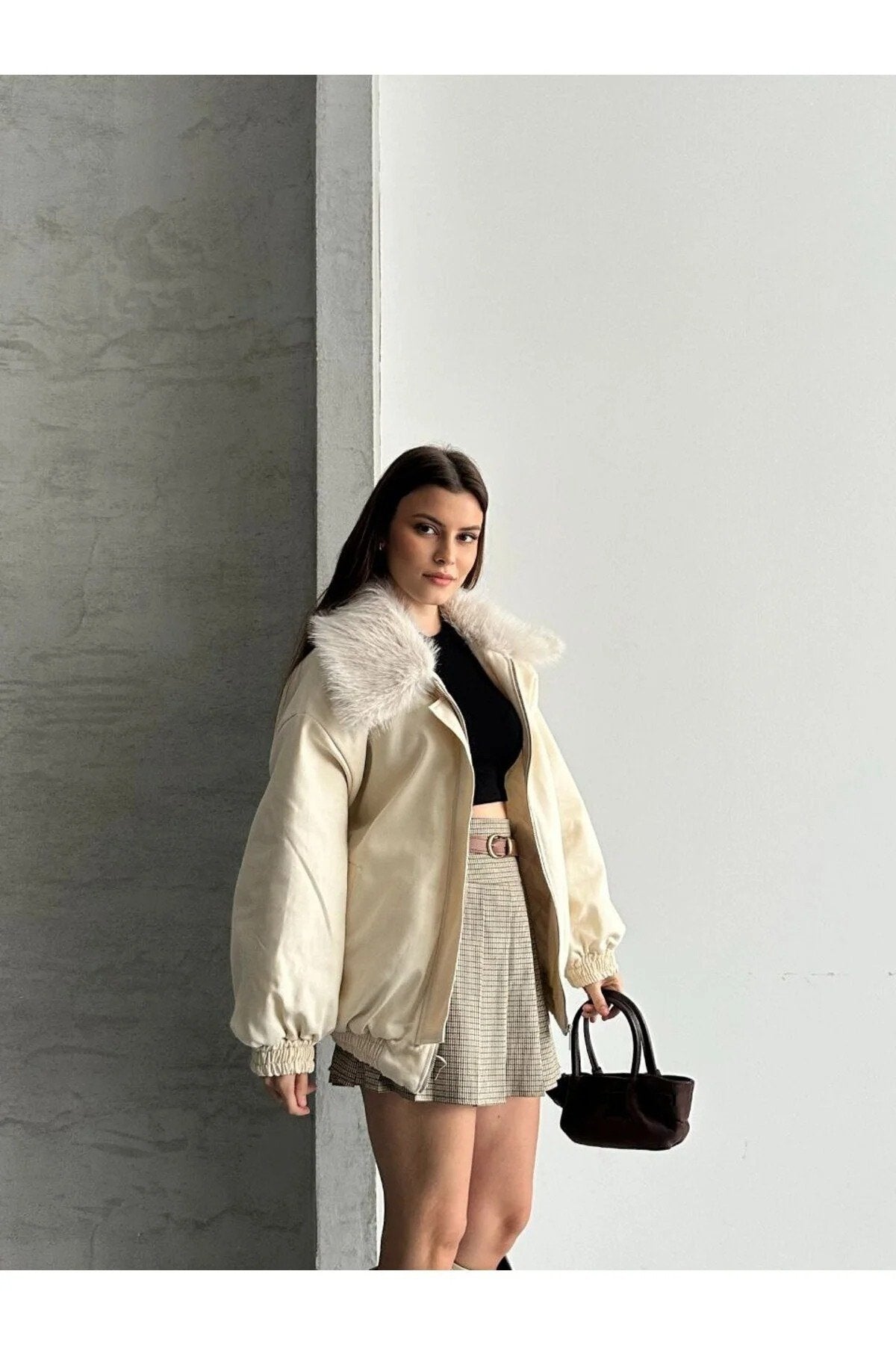 Kadın Premium Kalite Tasarım Kürk Yaka Gabardin Ceket