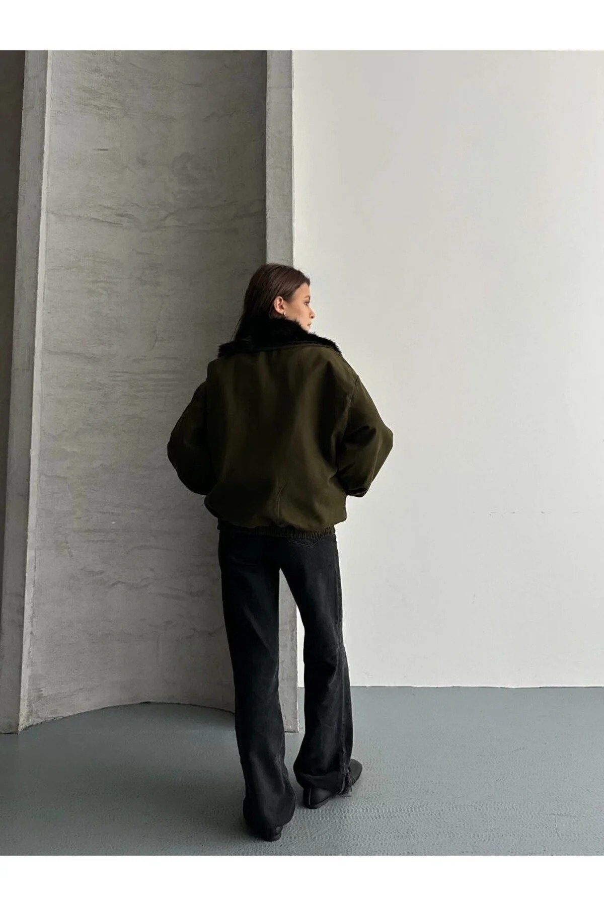 Kadın Premium Kalite Tasarım Kürk Yaka Gabardin Ceket