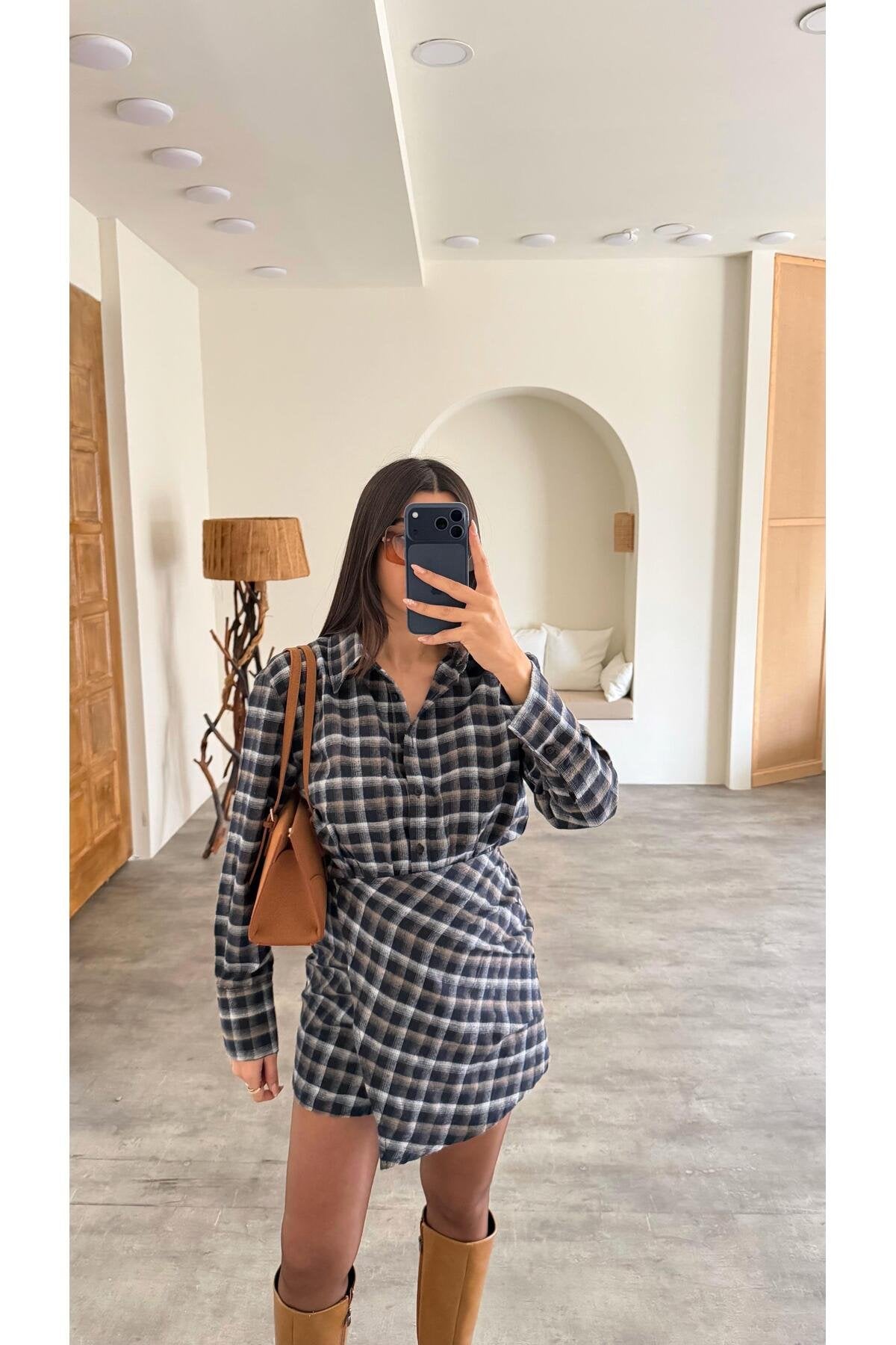 Lacivert Düğmeli Ekose Desenli Muadil Gömlek Elbise GAUS-00877