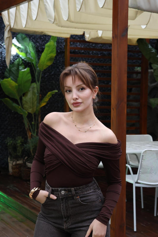 ACI KAHVE DRAPELİ KAYIK YAKA BLUZ