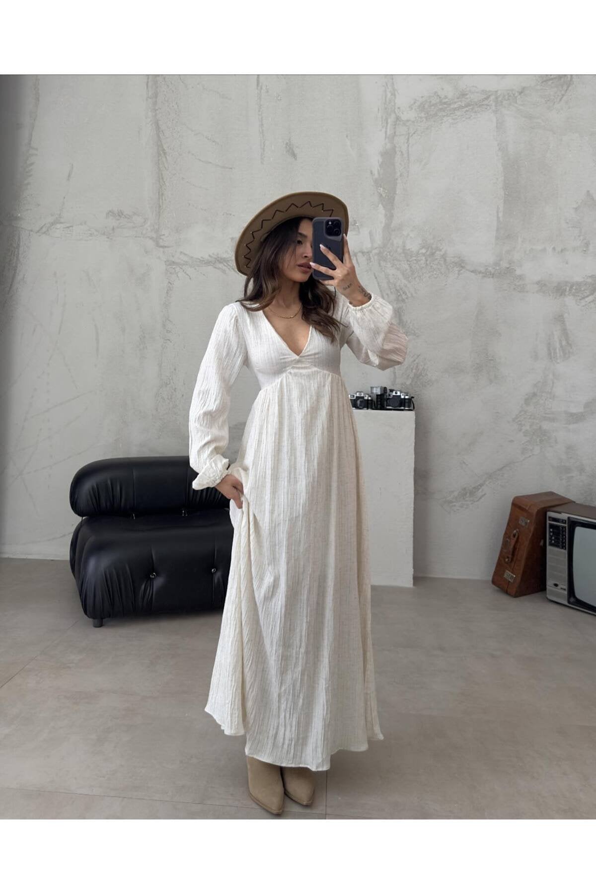 Kadın Kuşaklı astarlı uzun gofre elbise - Nude