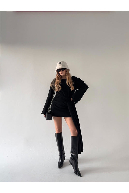 Kadın Bağlamalı Yün Karışımlı Triko Siyah Elbise