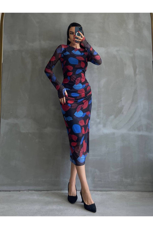 Kadın Desenli Drapeli Tül Davet Elbisesi