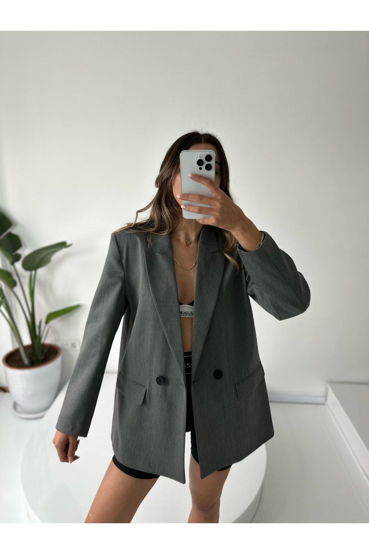 Kadın Çift Düğme Detay Poliviskon Astarlı Vatkalı Boyfriend Oversize Ceket