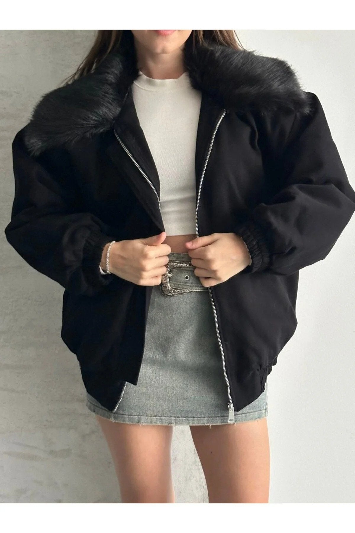 Kadın Premium Kalite Tasarım Kürk Yaka Gabardin Ceket