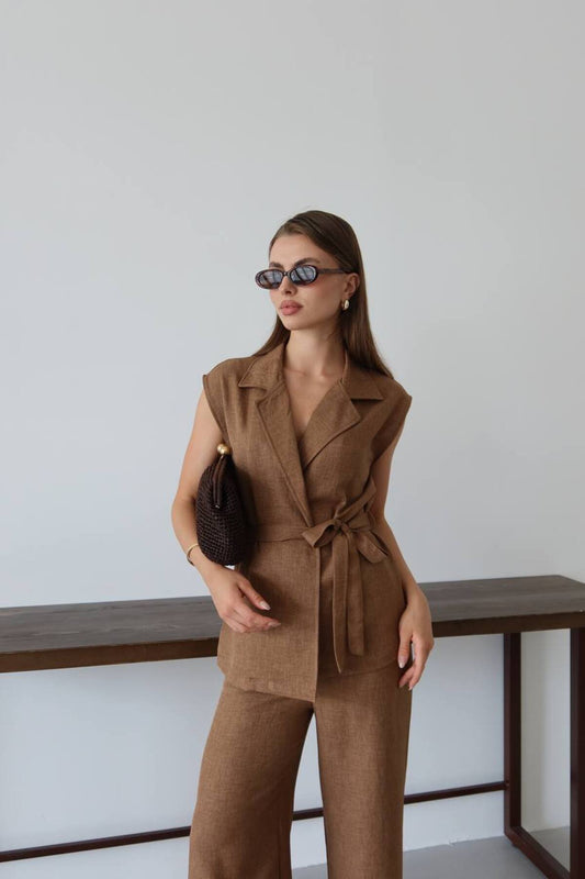 Kadın Premium Kuşaklı Yelek Pantolon Takım